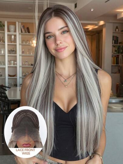 优雅渐变银灰色和棕色蕾丝前假发，女士款 - 自然外观，耐热合成纤维，长直发造型，13x4蕾丝区域，完美适用于休闲装扮、派对、情人节等场合，合成蕾丝前假发