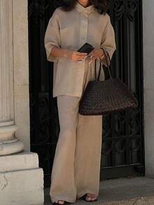 Look Polly Conjunto informal y elegante de verano para mujer de lino beige de 2 piezas, camisa abotonada y pantalones de pierna ancha para vacaciones y uso diario en primavera - Caqui - Ver 9