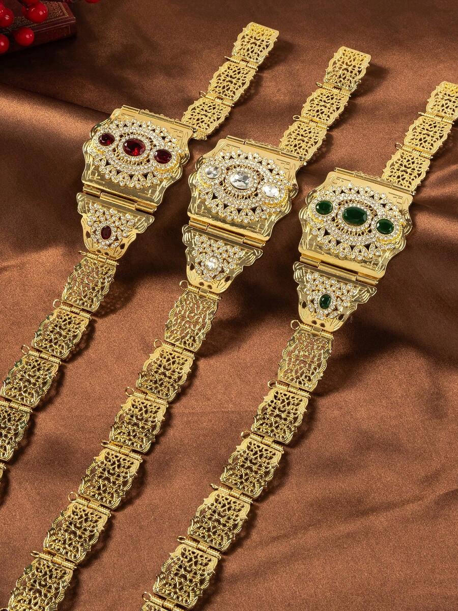 1pc Middle Eastern Style Long Dress Waist Belt, Square Hollow Carved Gold-Plated Adjustable Length, Arabic Bride Wedding Kaftan Waistband - One Size - View 1