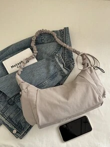 1个尼龙面料多口袋饺子袋，女士休闲褶皱抽绳斜挎单肩包，柔软慵懒的波西米亚风百搭单肩包 - 灰色 - 查看 3