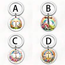 "Easter Resurrection Keychain - Stainless Steel Round With Jesus, Cross & Egg, Believer's Easter Sunday Accessory & Meaningful Christian Gift " - Multicolor - View 1