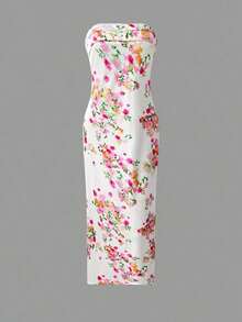 Valentine Outfits For WomenWomen's Floral Digital Print Backless Bodycon Dress, Elegant Sexy Strapless Y2K Party Cocktail Beach Boho Dress, Spring/Summer/AutumnLoose And Comfortablevalentine's Day - 白色 - 查看 4