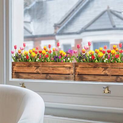 1 Stück Holzblumenkasten im Frühlingsstil und Tulpen Fensteraufkleber, wiederverwendbare PVC doppelseitige statische Fensteraufkleber, geeignet zum Dekorieren von Räumen, Wohnzimmern, Büros und Badezimmern.