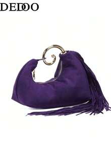 Dedoo Túi xách tua rua thời trang cao cấp phong cách vintage mới Thu/Đông 2025 - Màu tím - Xem 4