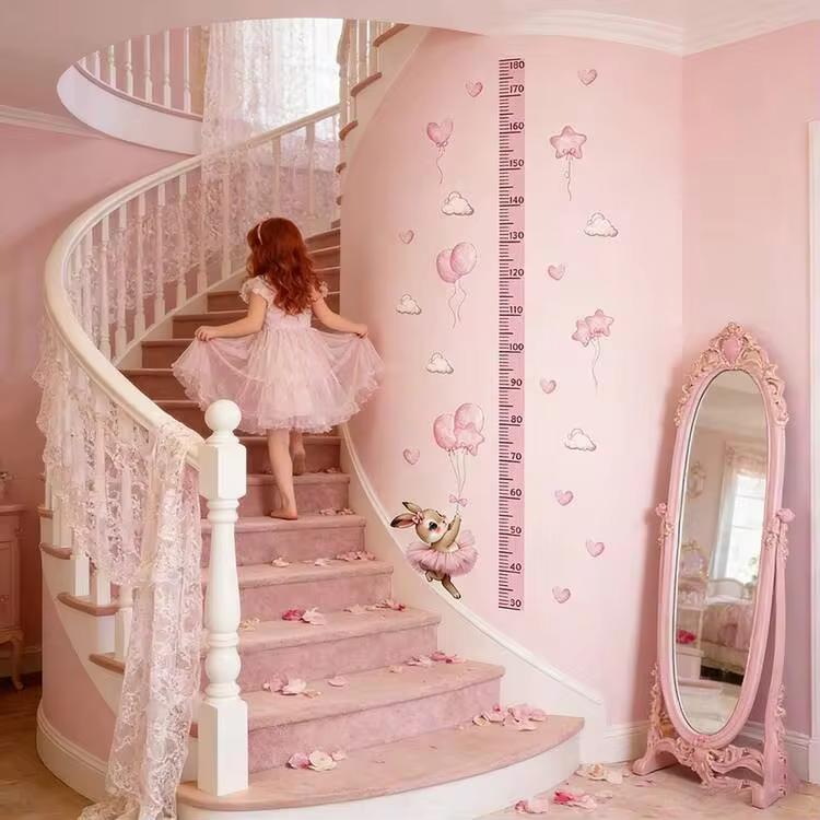 BRUP 1/2 Pcs/Set Cute Ballet Rabbit With Pink Balloons Clouds Kids Wall Sticker Removable Kids Room Nursery Decor Growth Chart Peel And Stick - Multicolor - View 3