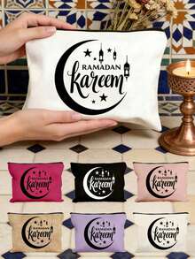 Stars Moon Pattern And Letters Ramadan Pattern Cosmetic Bag With Letters"Ramadan Kareem" Design-Linen Button Decorative Handbag, Stars Moon Printed Handbag,For Ramadan Kareem,Bismilah, Eid Mubarak, Iftar, Ramadan Theme Pattern, Large Capacity Ladies' Travel Makeup Bag - Multicolor - View 1