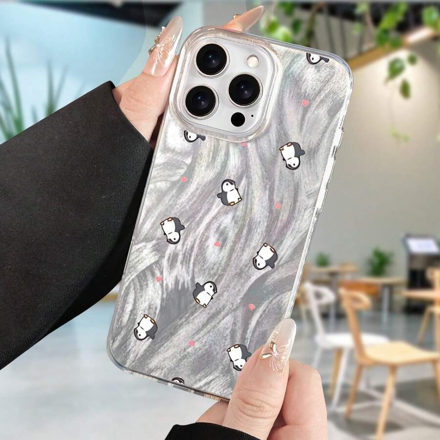 Funda de teléfono: 1 funda de moda y elegante con patrón de pingüino impreso y pintado, estilo de , imagen simple y linda, protección de cobertura total, funda de teléfono IMD de gasa de pluma con gran agujero, para iPhone 17 16 15 14 13 12 11 - Plateado - Ver 1