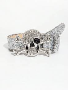 1pc Men's Silver Skeleton Y2K Punk Glitter Casual Belt, Versatile Jeans Belt For Daily Wear - Silver Glitter Skull - View 4