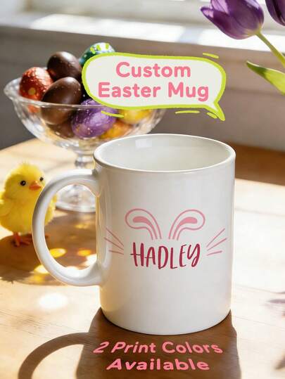 1pc Custom Easter Bunny Name Mug Personalized Ceramic Coffee Mug With Custom Name Blue And Pink Color Options Featuring Cute Rabbit Ear Letter Design For Spring Holiday Daily Drinkware Suitable For Coffee Tea Milk And Hot Chocolate Ideal For Home Kitchen Office Desk And Dining Table Use As Seasonal Easter Gift For Friends