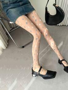 1 Pair New Women's Star Pattern Sheer Tights – Thin Sweet Cool Style Pantyhose For Spring Summer & Daily Outfits - milky white - View 4