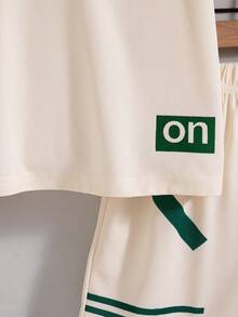 2 pièces/Set Chemise polo à manches raglan avec imprimé lettres et short pour garçons, style décontracté et mode, pour le printemps/été - Nude - Voir 7