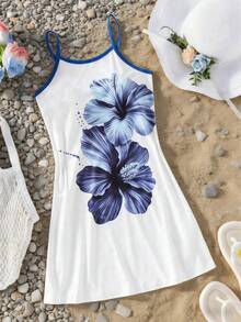 少女休闲度假印花吊带连衣裙，修身A字版型，春夏款 - 白色 - 查看 10