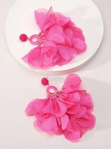 Bohemian Chiffon Flower Petal Drop Earrings Handmade Lightweight Layered Fabric Jewelry For Women Tropical Beach Vacation Party - Rose Red - View 5