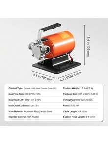 Water Transfer Pump, 12V DC 360 GPH 1/10HP, Portable Electric Utility Pump With 6 Ft Suction Hose Kit, Impeller, Suction Strainer, For Garden, Rain Barrel, Pool, Pond, Hot Tub, Aquarium Draining - Red - View 7
