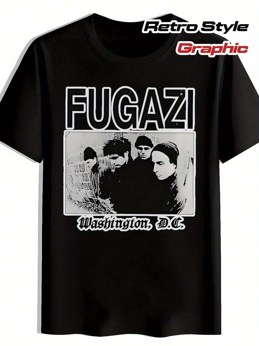 Men'S Vintage Rock Band Graphic T-Shirt - Short Sleeve Crew Neck Summer Top With FUGAZI Print, Black Casual Tee For Music Fans, Travel, Beach & Holiday Gifts, Rock Band T Shirts, Music Fan Apparel, Retro Style Shirt - 黑色2 - 查看 1