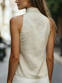 女士新款纯色卡其色梭织纹理面料休闲宽松无袖V领衬衫，适合外出、度假、假日、通勤、工作、办公室等夏季穿着。 - 淺灰色 - 查看 3