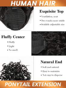 真人发夹式波浪卷马尾接发长款抽绳卷发夹式马尾假发，巴西发，女士适用 - Natural Black - 查看 3