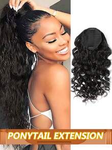 真人发夹式波浪卷马尾接发长款抽绳卷发夹式马尾假发，巴西发，女士适用 - Natural Black - 查看 1