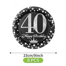 40岁生日星光主题一次性餐盘、餐巾纸、杯子套装，可供8位客人使用，适合生日、婚礼、派对、家庭野餐等场合。 - 彩色 - 查看 6