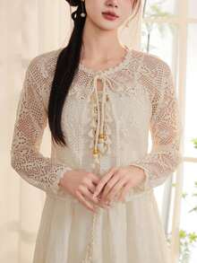 女士蕾丝针织披肩开衫，轻盈镂空长袖罩衫，夏季度假风 - 杏色 - 查看 1