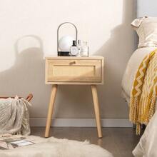 COSTWAY Boho Bedside Table With Hand-Woven Rattan Decoration, Natural - Apricot - View 4