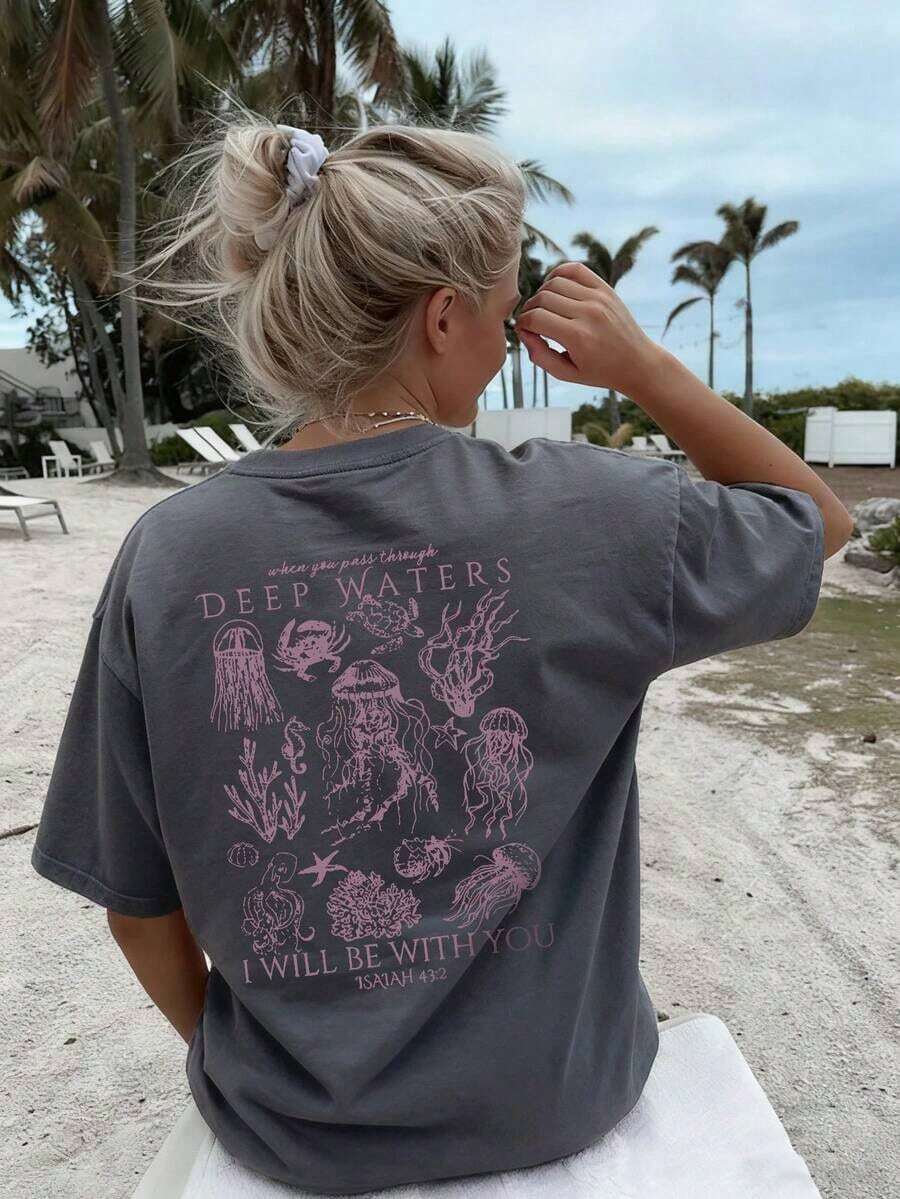 Women's Summer New Simple Cute Marine Life Print Casual Vacation Style Loose Versatile Round Neck White Short-Sleeved T-Shirt Fashionable Daily Tops Suitable For Daily Vacation Wear. Graphic Tees Women Pink Top-Unisex Comfortable Vintage Street Style Loose-Fit Washed T-Shirt - Dark Gray - 查看 1