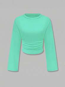 Nueva blusa elegante de manga larga con cuello redondo y volantes de unicolor, adecuada para vacaciones, citas, escuela, viajes y uso diario en primavera - azul - Ver 6