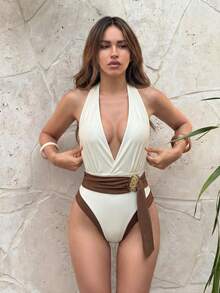 Áo tắm liền thân cổ chữ V sâu sang trọng dành cho nữ, bikini co giãn cao với chi tiết nơ và dây buộc trang trí, thích hợp cho kỳ nghỉ. - Nhiều màu - Xem 4