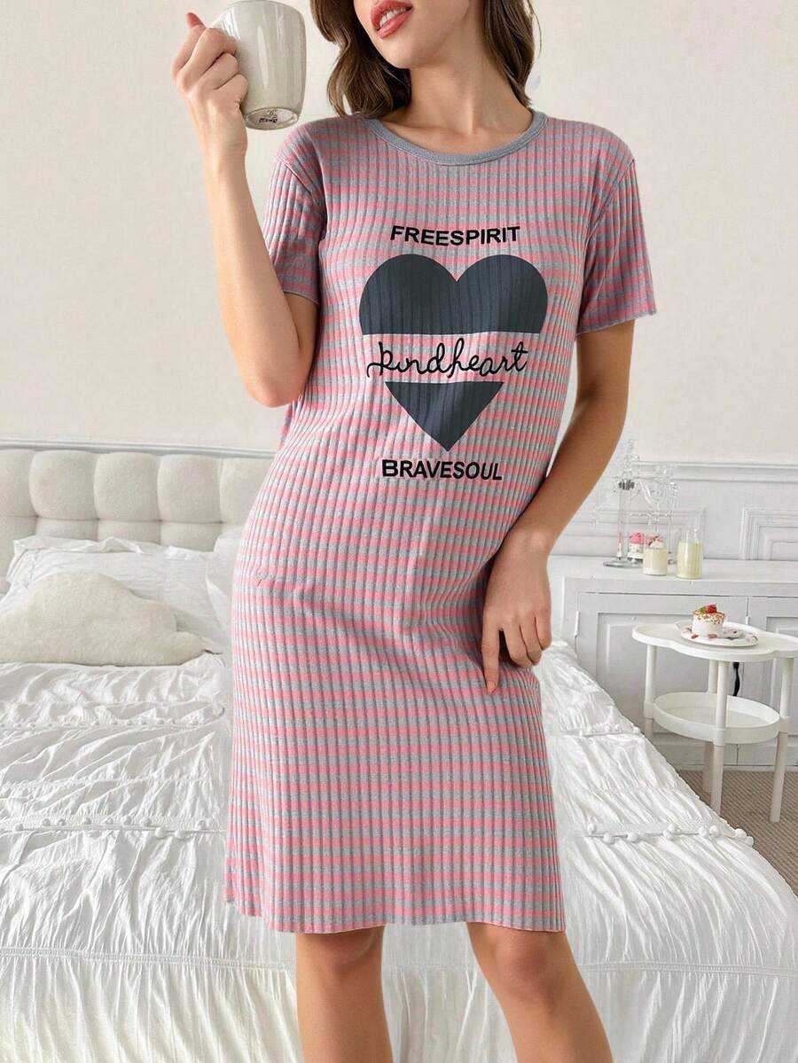 100%Cotton Slogan Graphic Gingham Print Drop Shoulder Short Sleeved Nightdress - Multicolor - View 1
