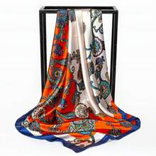 90 Simulated Silk Satin Scarf Silk Scarf Large Square Scarf Women's Autumn And Winter New Versatile Foreign Fashion Thin Shawl - 18#腰果雙拼橘色 - 查看 1