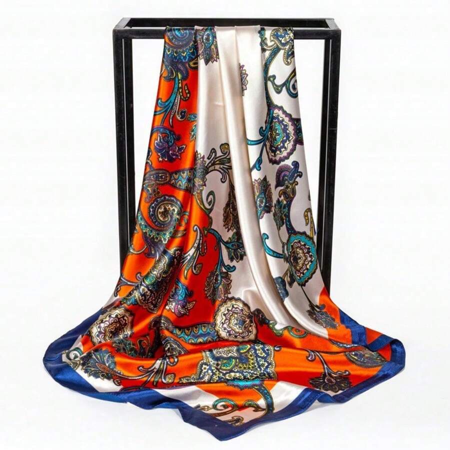 90 Simulated Silk Satin Scarf Silk Scarf Large Square Scarf Women's Autumn And Winter New Versatile Foreign Fashion Thin Shawl - 18#腰果雙拼橘色 - 查看 1