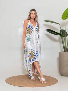 KIARA BRAZIL Women's White Printed Halter Neck Long Dress With Pointed Detail - GE00330 - 白色 - 查看 1