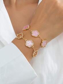 2pcs Luxury Elegant Crystal Hollow Clover Sweet Pink Clover Bracelets, Women Jewelry Gift For Valentine's Day - Pink - View 3