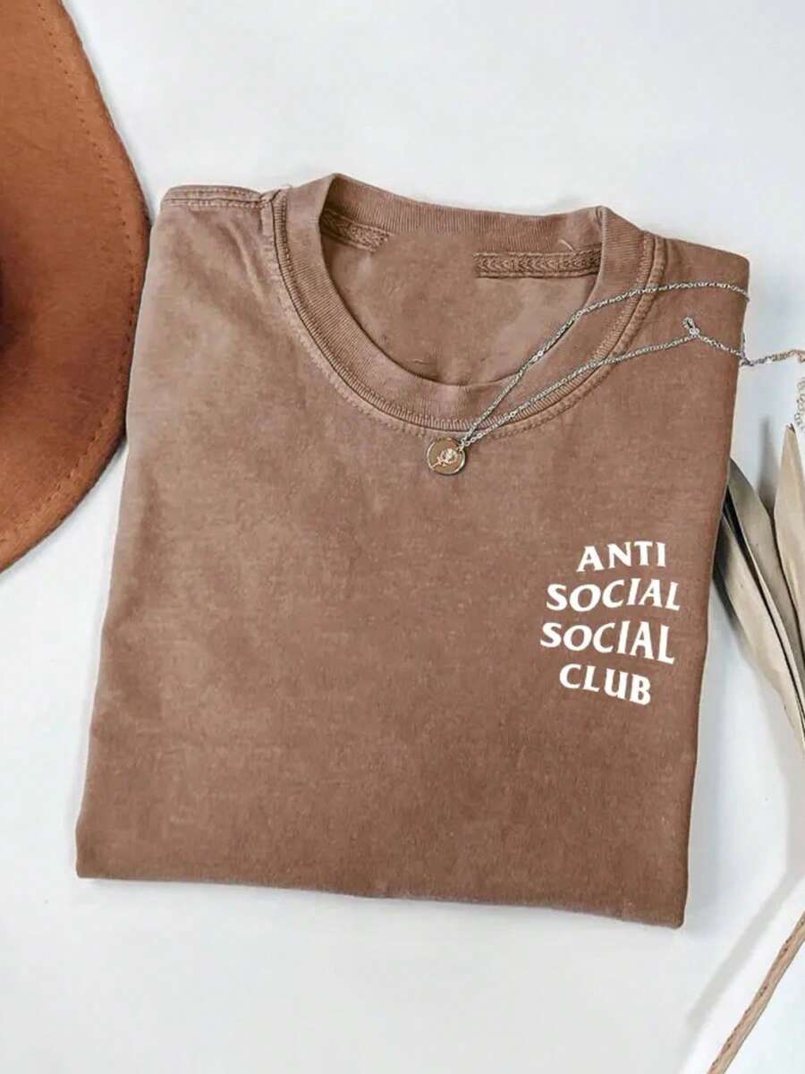 Washed Cotton, Anti-Social Club Printed T-Shirts, High-Quality Batik Cotton Retro Fashion Brand T-Shirts, Men's T-Shirts, Men's Summer T-Shirts, Holiday Gifts, Perfect Gifts. - Coffee Brown - View 1