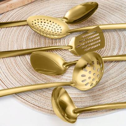 2pcs/6pcs Stainless Steel Kitchen Utensil Set - Includes Slotted Serving Spoon, Slotted Serving Ladle, Flat Spatula, Skimmer Ladle, Soup Ladle, Slotted Ladle - Perfect For Home Cooking, Holiday Parties, And Restaurants (Gold/Silver)