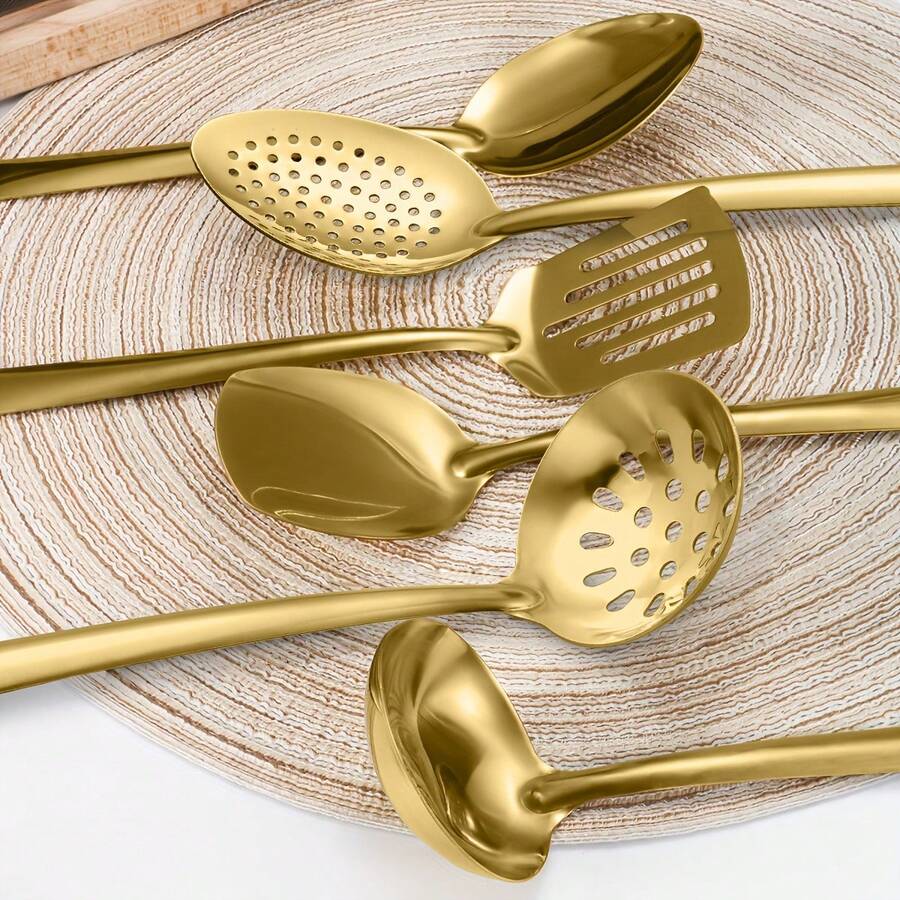 2pcs/6pcs Stainless Steel Kitchen Utensil Set - Includes Slotted Serving Spoon, Slotted Serving Ladle, Flat Spatula, Skimmer Ladle, Soup Ladle, Slotted Ladle - Perfect For Home Cooking, Holiday Parties, And Restaurants (Gold/Silver) - - - View 1