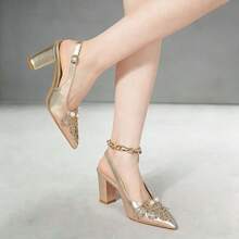 Tacones altos de mujer con puntera en punta y hebilla, de tacón grueso, versátiles, de moda, para el verano - Albaricoque - Ver 3