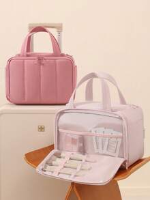 Nécessaire de maquiagem grande e macia com abertura ampla e vários bolsos, organizador de cosméticos, nécessaire de pelúcia para mulheres e meninas, bolsa portátil para guardar produtos de cuidados com a pele com compartimentos de tela para batom, base e pincéis, organizador de maquiagem para uso diário no banheiro e em viagens, estojo de cosméticos com zíper em cor sólida para escola. - Modelo básico - Ver 10