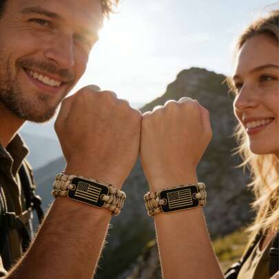 1条伞绳求生手链，可调节狗牌手链，带合金扣，手工编织，男女户外露营应急求生手链