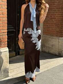 Women's Summer 2 Piece Satin Outfit Stylish Lace Patchwork Sleeveless Deep V Neck Satin Tops And Long Skirt Set - 咖啡棕 - 查看 2