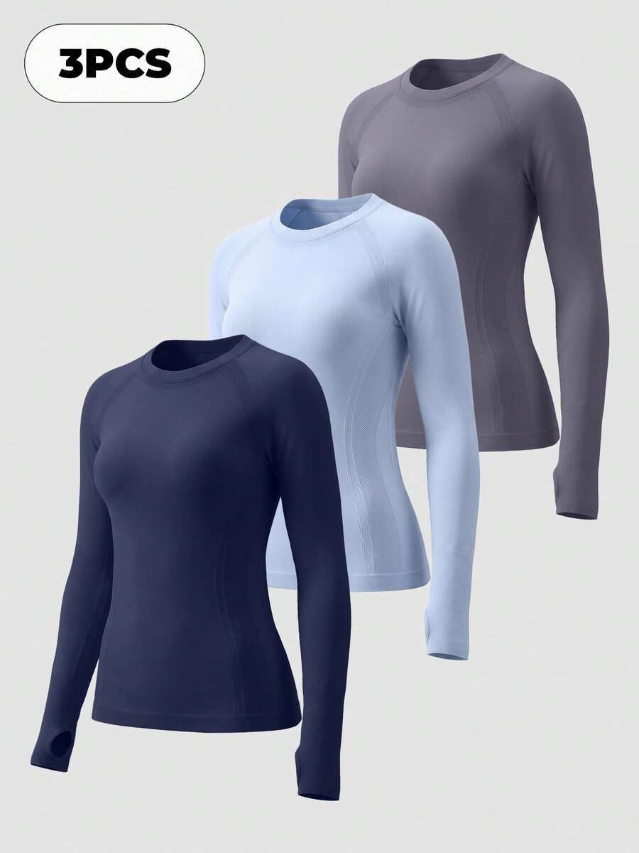 MathCat 3 Pack Women's Compression Shirt Long Sleeve Workout Tops Athletic Baselayer Quick Dry Gym Yoga Running T-Shirt - 海軍藍色#天藍色#灰色藍色 - 查看 1