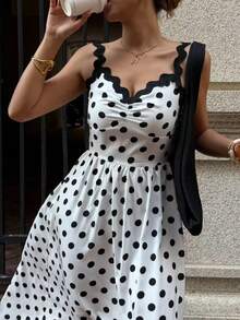女士波点褶皱休闲度假约会长款吊带连衣裙 - 黑與白 - 查看 5
