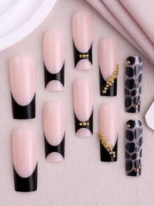 24片长方形豹纹法式美甲贴片，饰有豹纹元素和金色珠饰，包含：1片果冻胶和1个指甲锉，适合女性和女孩日常佩戴、锐舞派对等场合。 - 彩色 - 查看 2