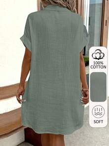 Women's A-Line Dress,% Short Sleeve Button-Front Blouse Shirt Dress, Soft Breathable Casual To Semi-Formal Wear, Washable All-Season Outfit, - 軍綠色 - 查看 2