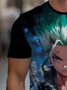 Men's 3D Printed Anime T-Shirt With Green Hair Character Full-Body Graphic - Lightweight Short Sleeve Summer Casual Shirt, Black Base With Color Print, Durable For Gym & Outfits (Machine Washable) - 黑色 - 查看 4