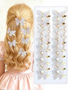 12个/套 白色闪光蝴蝶发夹，在灯光下闪闪发光 - 适合女孩上学、参加派对、日常生活和外出时佩戴，瞬间提升少女魅力 - 彩色 - 查看 1