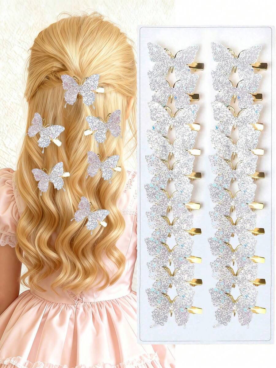 12个/套 白色闪光蝴蝶发夹，在灯光下闪闪发光 - 适合女孩上学、参加派对、日常生活和外出时佩戴，瞬间提升少女魅力 - 彩色 - 查看 1