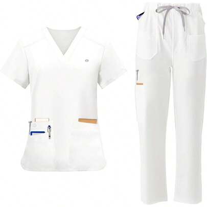 Uniformes, Batas, Uniformes con Cuello en V y Múltiples Bolsillos, Conjuntos de Ropa de Trabajo que Modifican los Hombros