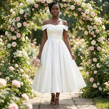 YUMIBRAVO 优雅缎面新娘婚纱、白色女士礼服、露肩舞会礼服、优雅女士婚纱、无肩带婚纱派对礼服 - 白色 - 查看 3