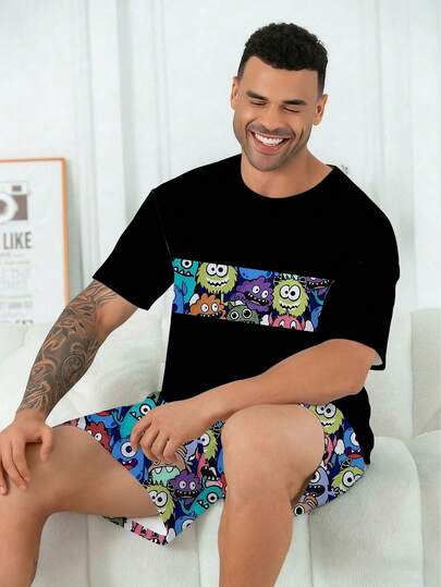 Plus Size Men's Pajama Set | Round Neck Short Sleeve Top And Elastic Waist Casual Shorts 2 Piece Set | Polyester Knit Fabric Soft And Breathable Loose Fit | Cute Furry Monster Series Print Casual Design